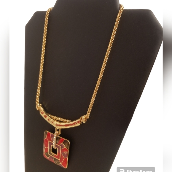 VINTAGE BYZANTINE  STYLE GOLDTONED & ENAMEL  PENDANT & WHEAT ROPE CHAIN NECKLACE - Picture 2 of 5